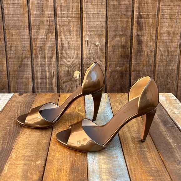 Prada Vero Cuoio Patent Brown Bronze Open Toe High Heels - Picture 6 of 16